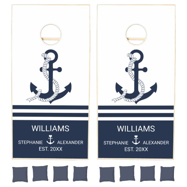 Nautical Navy Blue Anchor White Blue Stripes Cornhole Set (Set)
