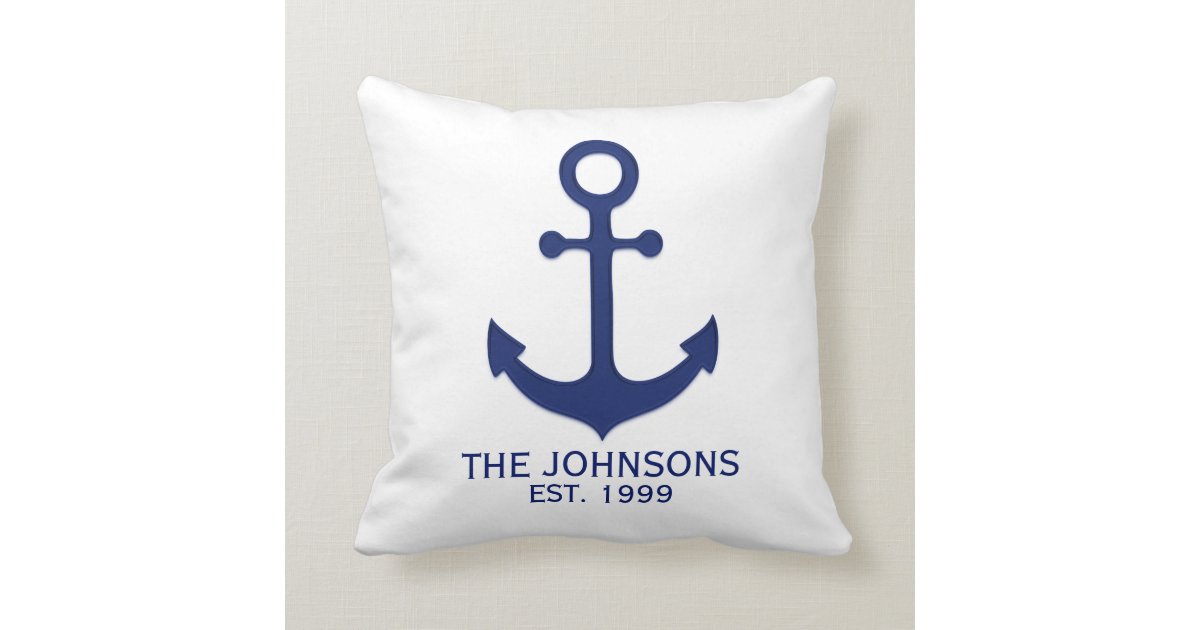 Nautical Navy Blue Anchor White Family Established Throw Pillow