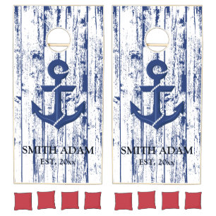 Nautical Navy Blue Anchor White Rustic Wood Cornhole Set