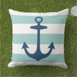Nautical Navy Blue Anchor With Aqua Stripes Outdoor Pillow at Zazzle