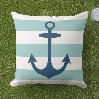 Nautical Navy Blue Anchor With Aqua Stripes Outdoor Pillow by plushpillows at Zazzle