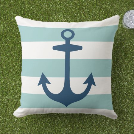 Nautical Navy Blue Anchor With Aqua Stripes Outdoor Pillow