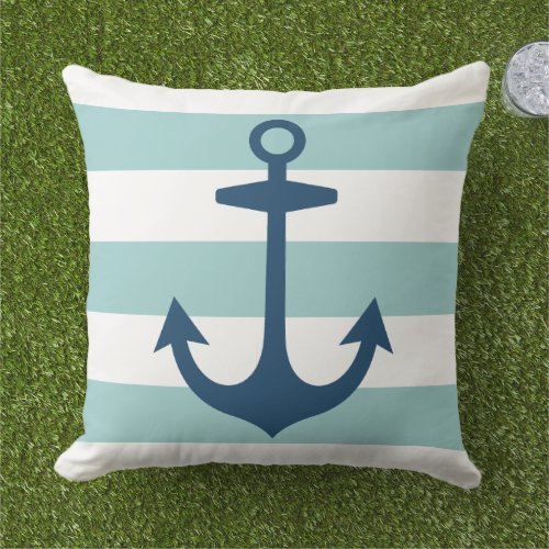 Nautical Navy Blue Anchor with Aqua Stripes Outdoor Pillow