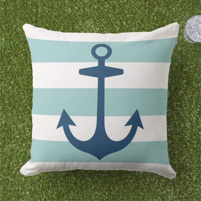 Nautical Navy Blue Anchor with Aqua Stripes Outdoor Pillow (Grass)