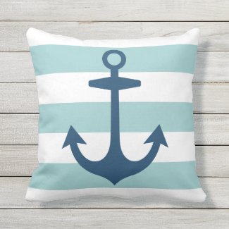 Nautical Navy Blue Anchor with Aqua Stripes Outdoor Pillow