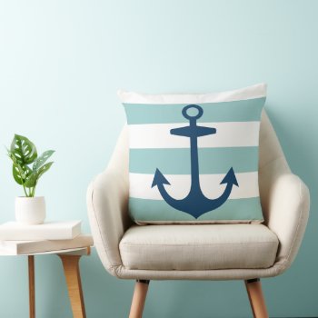 Nautical Navy Blue Anchor With Aqua Stripes Throw Pillow by plushpillows at Zazzle