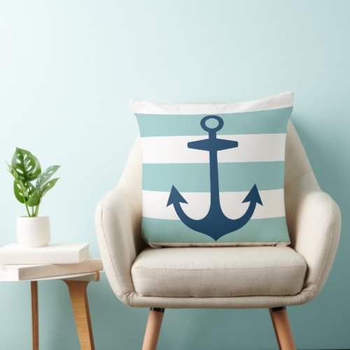 Nautical Navy Blue Anchor with Aqua Stripes Throw Pillow