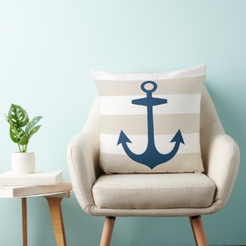 Nautical Navy Blue Anchor With Beige Stripes Throw Pillow by plushpillows at Zazzle
