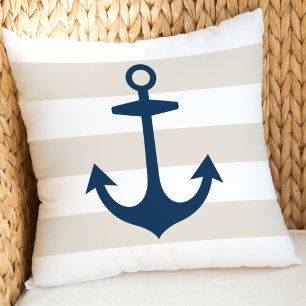 Nautical Navy Blue Anchor with Beige Stripes Throw Pillow