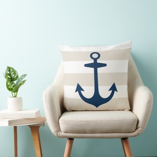 Nautical Navy Blue Anchor with Beige Stripes Throw Pillow