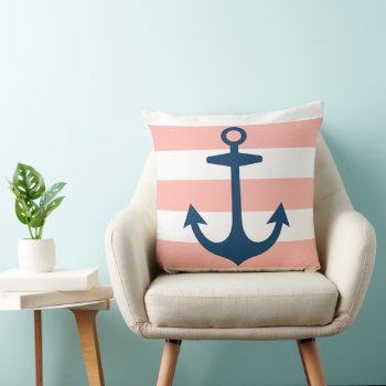 Nautical Navy Blue Anchor With Blush Pink Stripes Throw Pillow by plushpillows at Zazzle