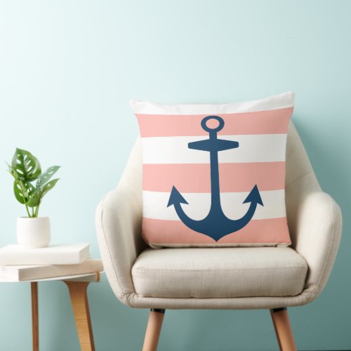 Nautical Navy Blue Anchor with Blush Pink Stripes Throw Pillow