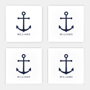 Nautical Navy Blue Anchor with Custom Name Coaster Set