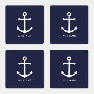 Nautical Navy Blue Anchor with Custom Name Coaster Set
