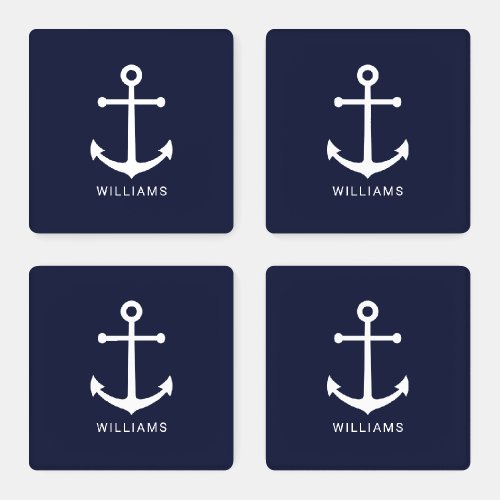 Nautical Navy Blue Anchor with Custom Name Coaster Set