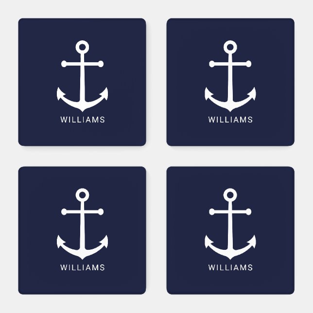 Nautical Navy Blue Anchor with Custom Name Coaster Set (Set)