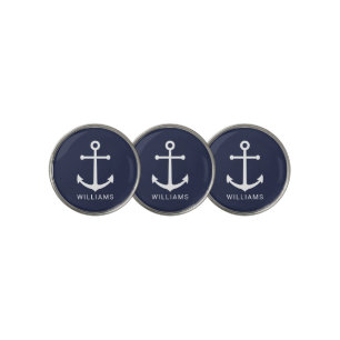 Nautical Navy Blue Anchor with Custom Name Golf Ball Marker