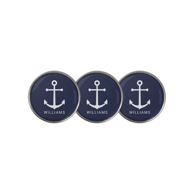 Nautical Navy Blue Anchor with Custom Name Golf Ball Marker (3 Up)