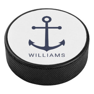 Nautical Navy Blue Anchor with Custom Name Hockey Puck