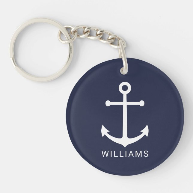 Nautical Navy Blue Anchor with Custom Name Keychain