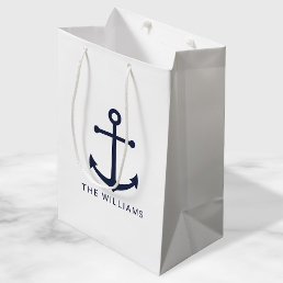 Nautical Navy Blue Anchor with Custom Name Medium Gift Bag