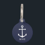Nautical Navy Blue Anchor with Custom Name Pet ID  Pet ID Tag<br><div class="desc">Keep your pet safe and never losing again with this modern nautical pet tag featuring white anchor with personalized pet's name in white modern sans serif font style on navy blue background,  with owner's contact information QR code on back.

Perfect for your dogs,  cats and beloved pets.</div>