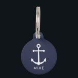 Nautical Navy Blue Anchor with Custom Name Pet ID Tag<br><div class="desc">Keep your pet safe and never losing again with this modern nautical pet tag featuring white anchor with personalized pet's name in white modern sans serif font style on navy blue background,  with owner's contact information on back.

Perfect for your dogs,  cats and beloved pets.</div>