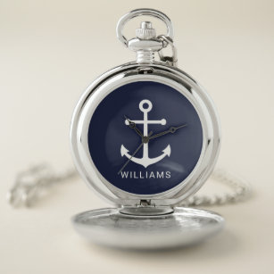 Nautical Navy Blue Anchor with Custom Name Pocket Watch