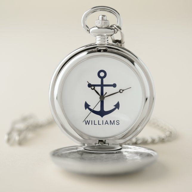 Nautical Navy Blue Anchor with Custom Name Pocket Watch (Inside)