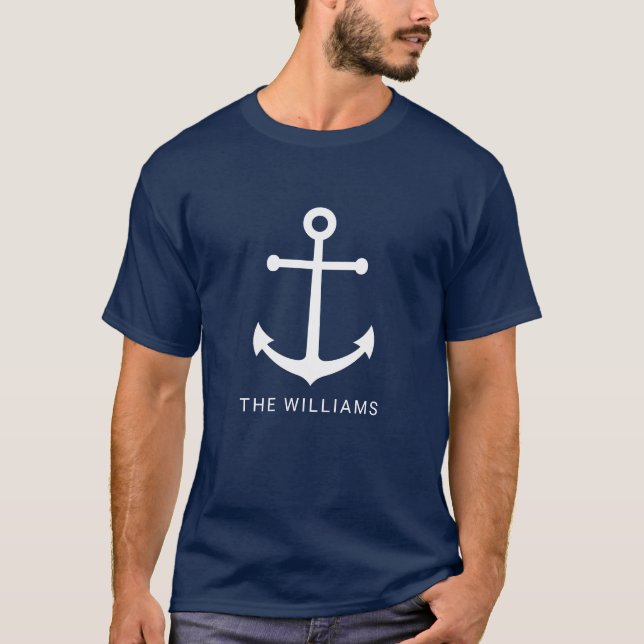 Nautical Navy Blue Anchor with Custom Name T-Shirt (Front)