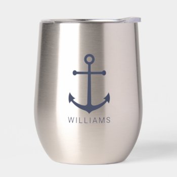 Nautical Navy Blue Anchor With Custom Name Thermal Wine Tumbler by manadesignco at Zazzle