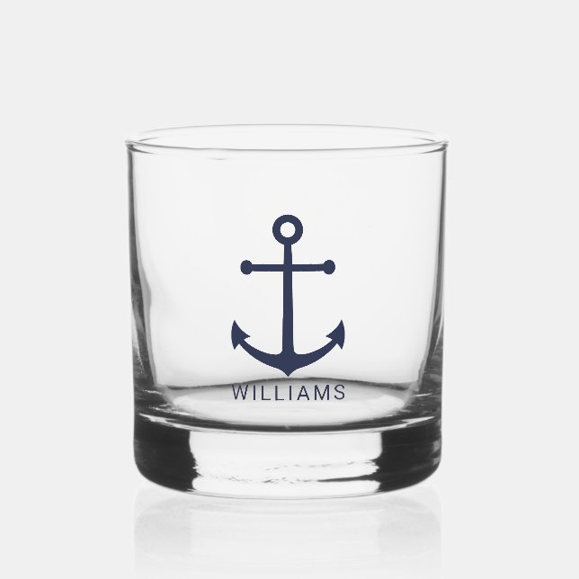 Nautical Navy Blue Anchor with Custom Name Whiskey Glass (Front)