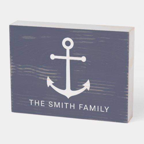 Nautical Navy Blue Anchor with Custom Name Wooden Box Sign