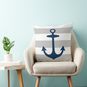 Nautical Navy Blue Anchor with Gray Stripes Throw Pillow