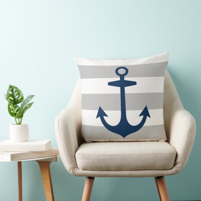 Nautical Navy Blue Anchor with Gray Stripes Throw Pillow (Chair)