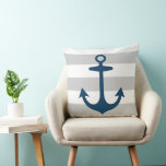 Nautical Navy Blue Anchor With Gray Stripes Throw Pillow at Zazzle