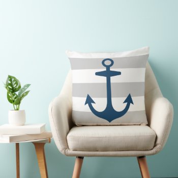 Nautical Navy Blue Anchor With Gray Stripes Throw Pillow by plushpillows at Zazzle