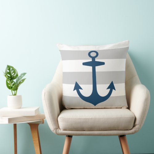 Nautical Navy Blue Anchor with Gray Stripes Throw Pillow