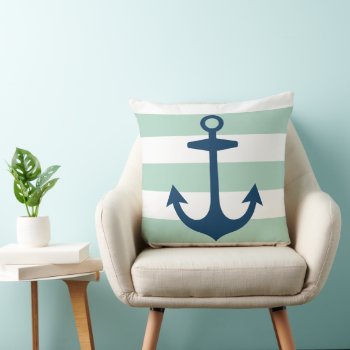 Nautical Navy Blue Anchor With Mint Green Stripes Throw Pillow by plushpillows at Zazzle