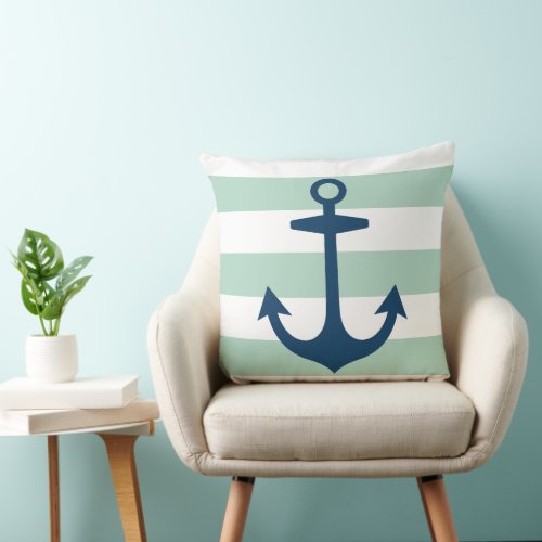 Nautical Navy Blue Anchor with Mint Green Stripes Throw Pillow