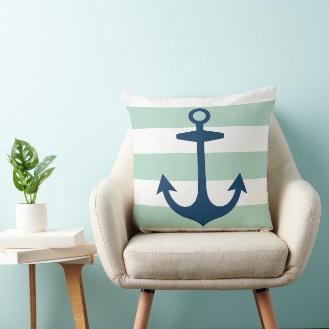 Nautical Navy Blue Anchor with Mint Green Stripes Throw Pillow (Chair)