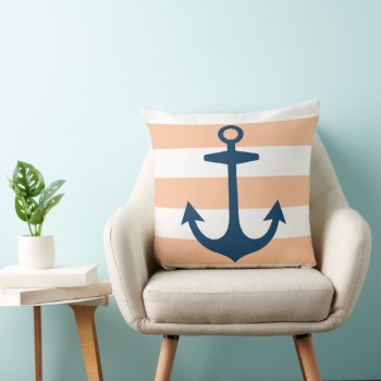 Nautical Navy Blue Anchor With Peach Stripes Throw Pillow by plushpillows at Zazzle