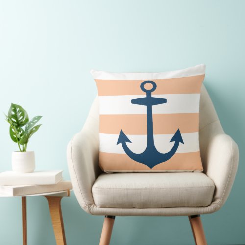 Nautical Navy Blue Anchor with Peach Stripes Throw Pillow