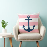 Nautical Navy Blue Anchor with Pink Stripes Throw Pillow<br><div class="desc">Stylish and chic square accent pillow design features a coastal pattern of wide white cabana stripes with a navy blue boat anchor.  The light pink background color can be customized.</div>
