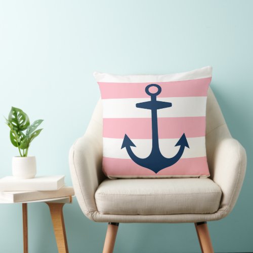 Nautical Navy Blue Anchor with Pink Stripes Throw Pillow