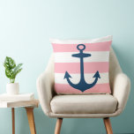 Nautical Navy Blue Anchor With Pink Stripes Throw Pillow at Zazzle