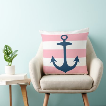 Nautical Navy Blue Anchor With Pink Stripes Throw Pillow