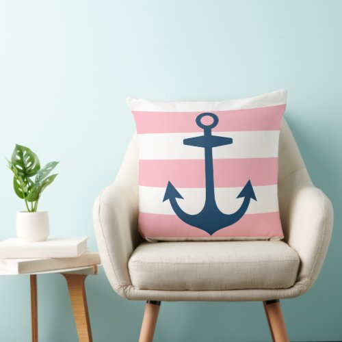 Nautical Navy Blue Anchor with Pink Stripes Throw Pillow