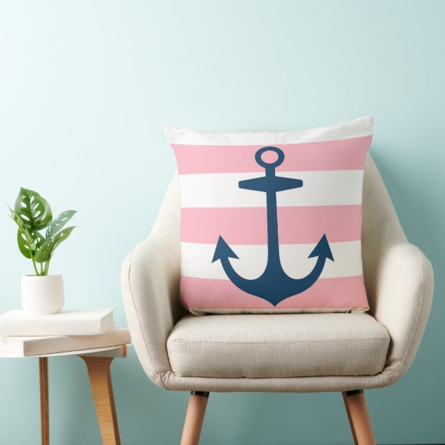 Nautical Navy Blue Anchor with Pink Stripes Throw Pillow (Chair)