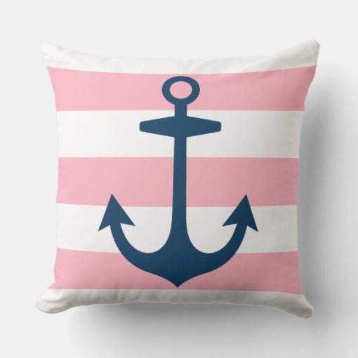 Nautical Navy Blue Anchor with Pink Stripes Throw Pillow Zazzle